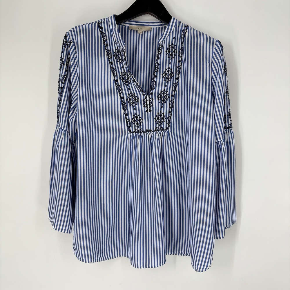 Striped Blue & White Embroidered V-Neck Women's Top